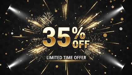 A golden numerical discount announcement with burst background against geometric shapes. Flares and confetti surround it