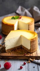 Cheesecake close-up, showing slice on wood board with raspberries and grey background