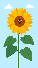 Cheerful sunflower illustration with a bee, leaves, and clouds against a blue backdrop