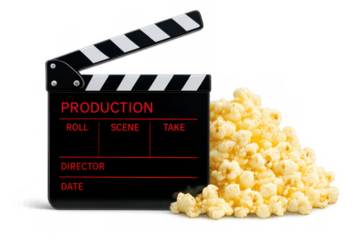Clapperboard and popcorn symbolizing movie production, film industry, cinema entertainment, and watching films at home