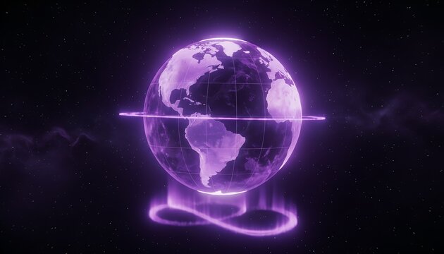 A luminous, purple depiction of planet Earth, bisected by a glowing line. Auroras form a loop beneath it, set against a starfield