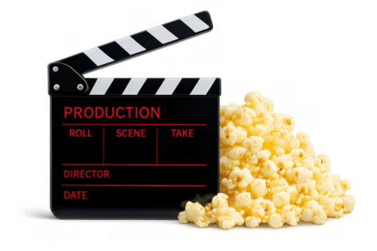 Clapperboard and popcorn symbolizing movie production, film industry, cinema entertainment, and watching films at home