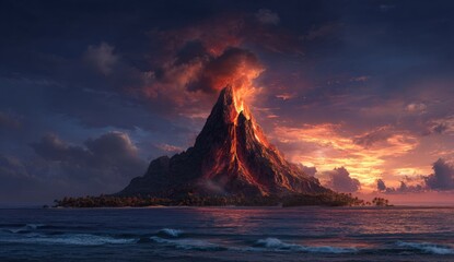 Volcano erupting on island at sunset