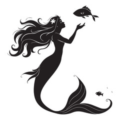 Fototapeta premium Graceful mermaid silhouette with flowing hair interacting with fish