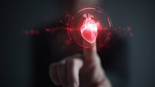 A close-up of a finger reaching out to a glowing, digital representation of a heart in red tones.