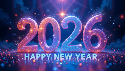 2026 Happy New Year sparkling numbers and text with bokeh lights sparkle