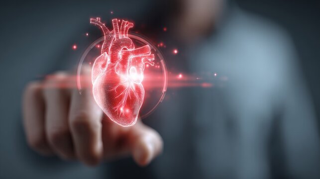 A man interactively touches a holographic heart, symbolizing healthcare technology and innovation.