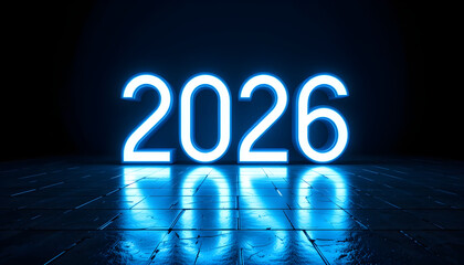 Glowing blue neon numbers 2026 illuminated on dark reflective surface year future