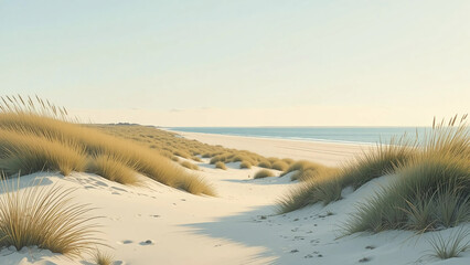 A coastal dune landscape illustration background with low marram grass and pale sky