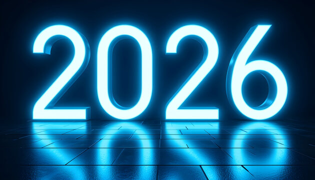 Glowing blue neon numbers 2026 on dark reflective floor image 1