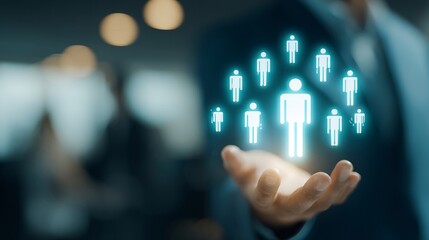 A business professional holds a glowing icon representing a network of people, symbolizing connection and collaboration.