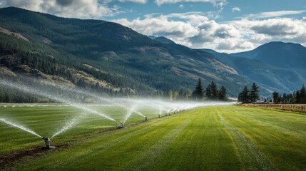 Sprinklers water a vast green field with distant mountain range under a cloudy sky