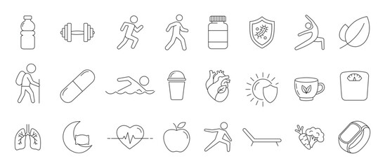 Set of outline icons representing healthy lifestyle and wellness concepts. Includes line symbols of fitness, exercise, nutrition, sleep, heart health, water bottle, fruits, vegetables, yoga, and medic