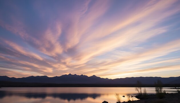 A serene landscape reflecting a colorful sky. Wispy clouds streak across a dusk sky, mirroring in calm water. Silhouetted mountains