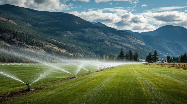 Sprinklers water a vast green field with distant mountain range under a cloudy sky