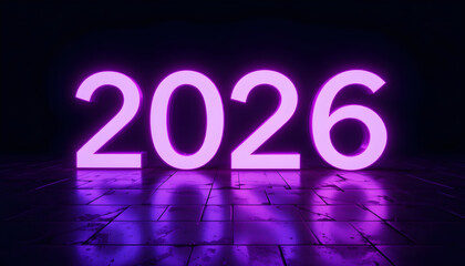 Glowing purple 2026 numbers on dark tiled floor year neon