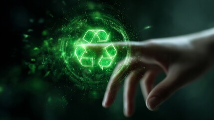A close-up of a human hand reaching towards a glowing green recycling symbol, symbolizing sustainability and environmental awareness.