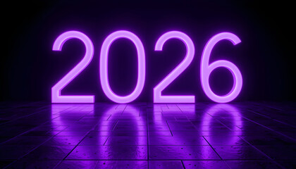 Glowing purple neon numbers 2026 on reflective dark floor image