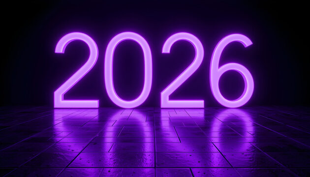 Glowing purple neon numbers 2026 on reflective dark floor image