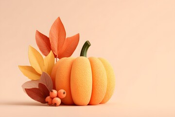 Autumn pumpkin with colorful leaves and berries on a soft peach background art