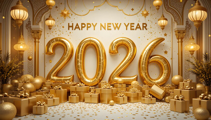 Golden 2026 balloons and gift boxes with happy new year text image 1