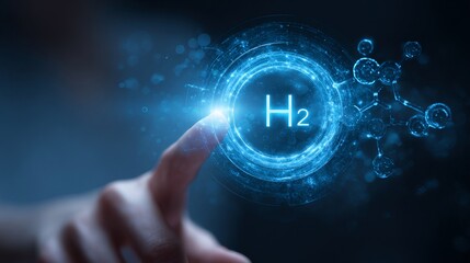A hand reaches out to touch a glowing representation of the H2 molecule, symbolizing innovation and technology in science.