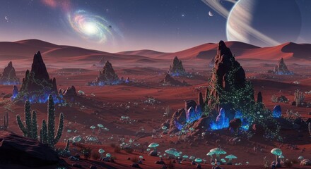 Alien Planet Landscape with Glowing Flora, Nebulae, and Ringed Planet in Sky