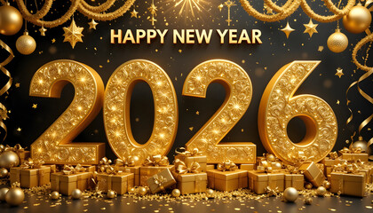 Golden 2026 Happy New Year celebration with gifts and ornaments image 1