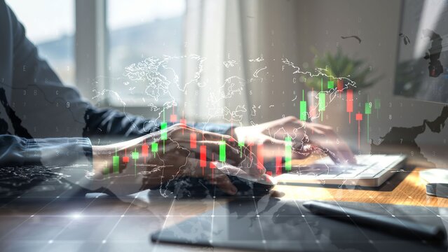 Businessman Analyzing Global Financial Data with Digital Graphs Overlay