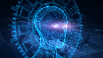 Obraz premium Digital Futuristic AI Concept with Glowing Cybernetic Human Profile and Data Elements