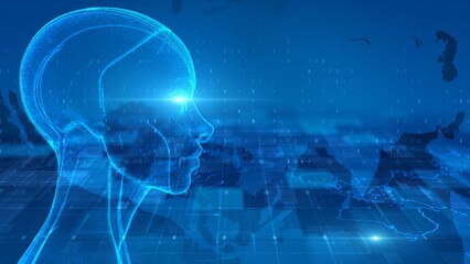 Digital Human Head with Futuristic Blue Technology and Virtual World Elements