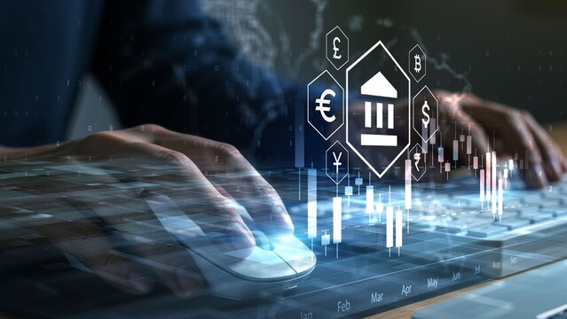 Futuristic Financial Technology Concept with Digital Icons and Keyboards - Powered by Adobe