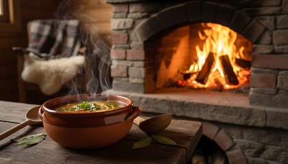 A rustic setting showcases a steaming bowl of soup on a wooden table, with a fireplace in the background. Cozy and warm
