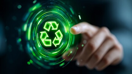 A close-up of a hand tapping a glowing green recycling symbol, emphasizing eco-friendly technology and sustainability.