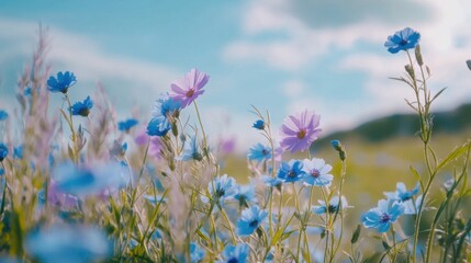Serene vista of blue and lilac wildflowers dancing under a soft pastel sky