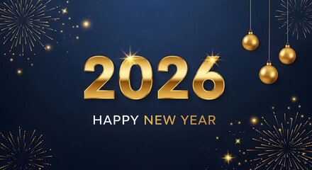Golden 2026 Happy New Year text with fireworks and ornaments image 1