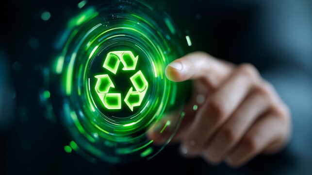 A close-up of a hand tapping a glowing green recycling symbol, emphasizing eco-friendly technology and sustainability.