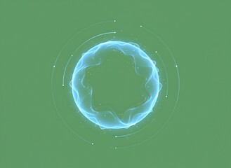 A vibrant, glowing, ethereal orb of light floats, radiating energy in a circular shape against a muted green background
