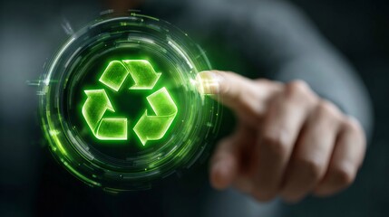 A person interacts with a glowing green recycling symbol, symbolizing sustainability and eco-friendly practices.