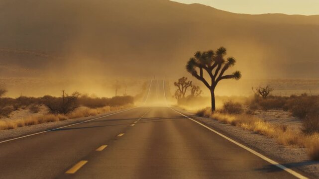Golden Hour Road Joshua Trees and Desert Highway at Sunset.