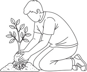Person kneeling planting a small tree or bush