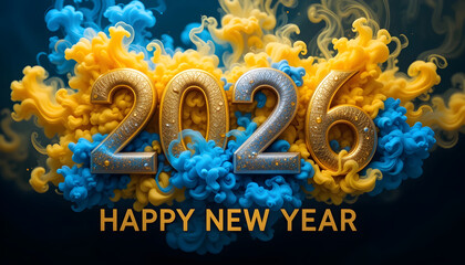 Obraz premium Golden 2026 Numbers Amidst Swirling Yellow and Blue Smoke year happy