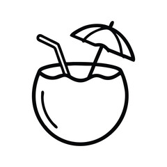 A line drawing of a coconut drink with straw and umbrella