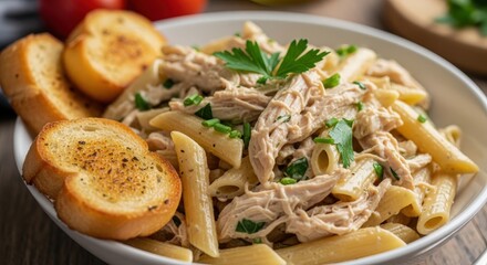 Delicious creamy chicken pasta dish with toasted bread and fresh parsley garnish