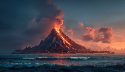 Volcanic island erupting at sunset