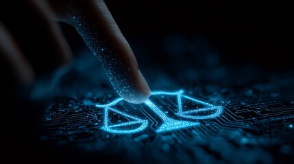 A human finger touches a glowing digital justice scale icon, symbolizing the intersection of law and technology.