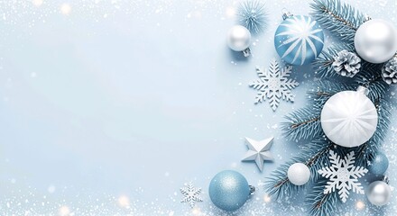 Icy blue and white Christmas flatlay with ornaments and snowflakes on light blue background