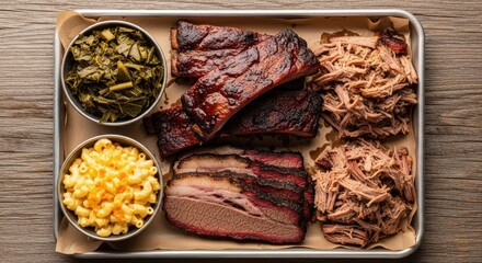 Delicious barbecue platter featuring smoked brisket ribs pulled pork and sides