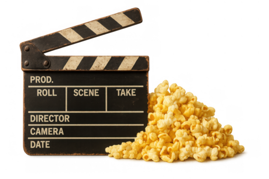 Clapperboard and popcorn pile for film making, cinema, or home entertainment on a transparent background