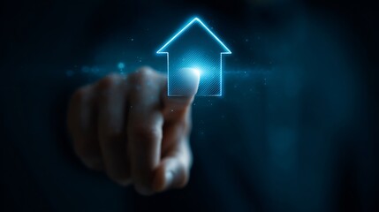 A close-up of a hand poised to touch a glowing digital home icon, symbolizing technology and connectivity.